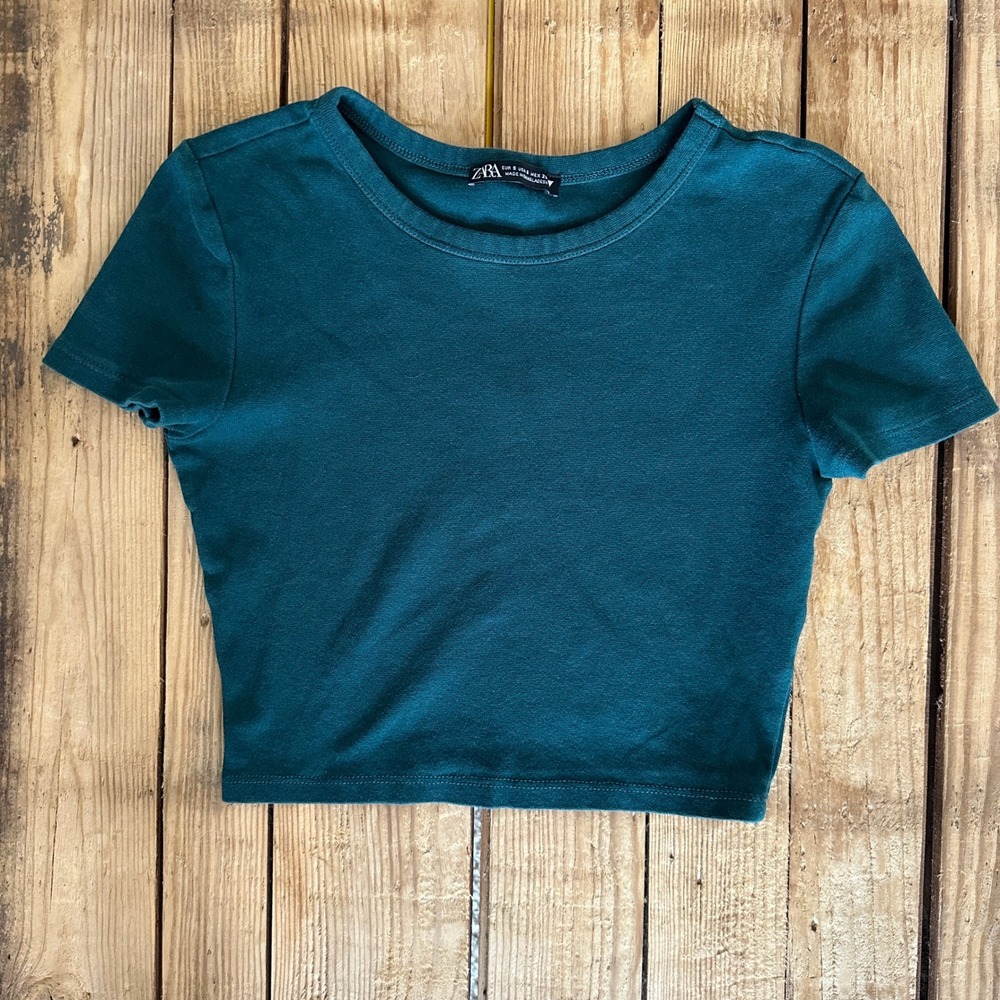 Zara Womens Small Teal Green Ribbed Short Sleeve Crew Neck Crop Top Tee